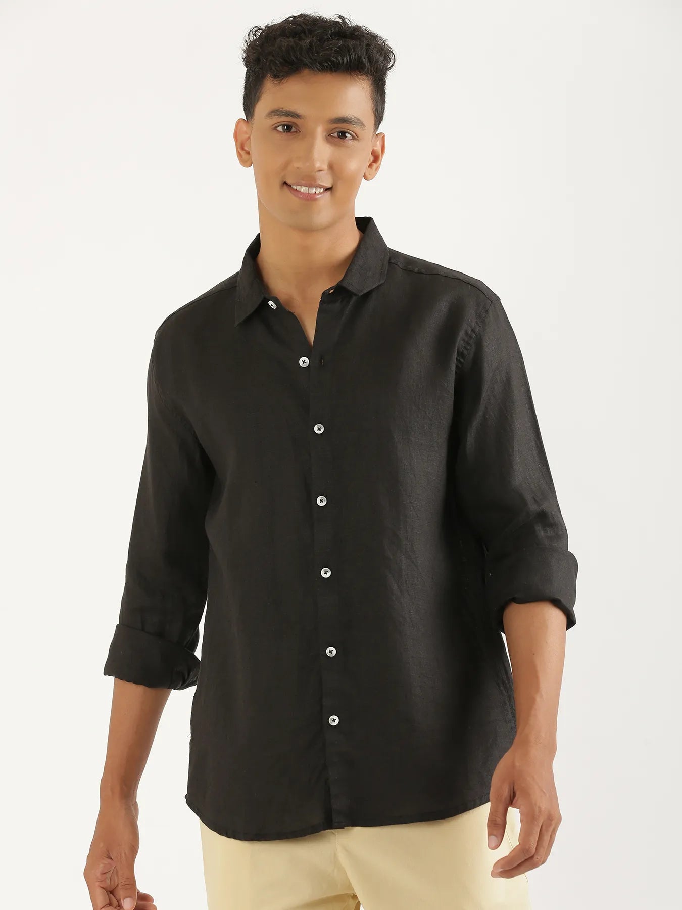 Elegant Black Linen Men's Shirt, Long Sleeves, Round Collar with Pockets main image 1