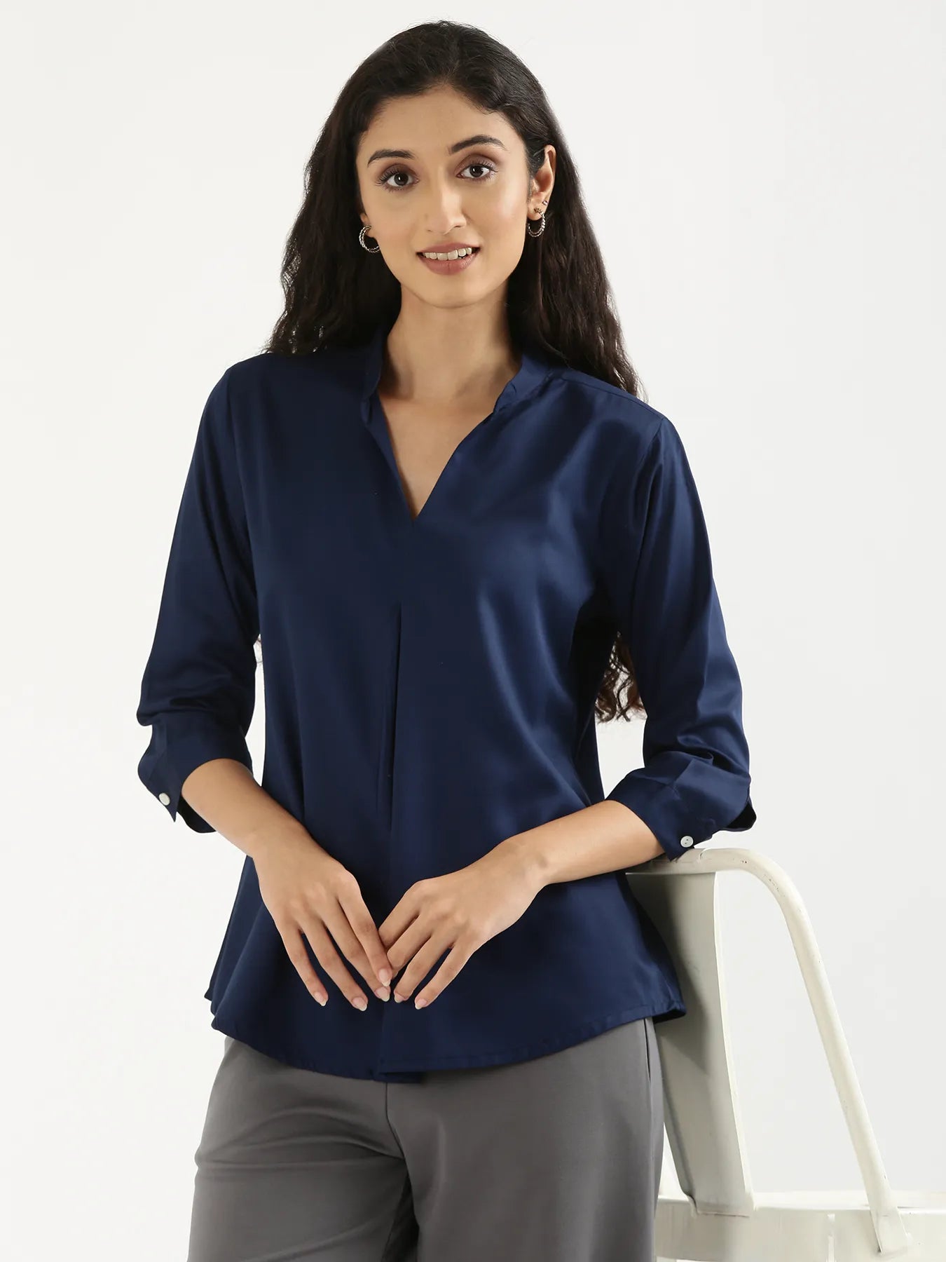 Women Navy Blue Viscose Pleated Top