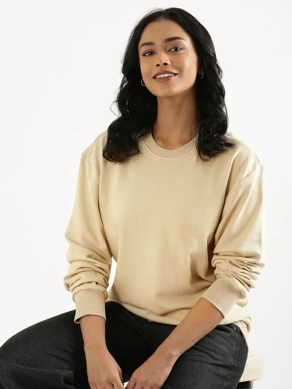 Unisex Beige Round Neck Sweatshirt