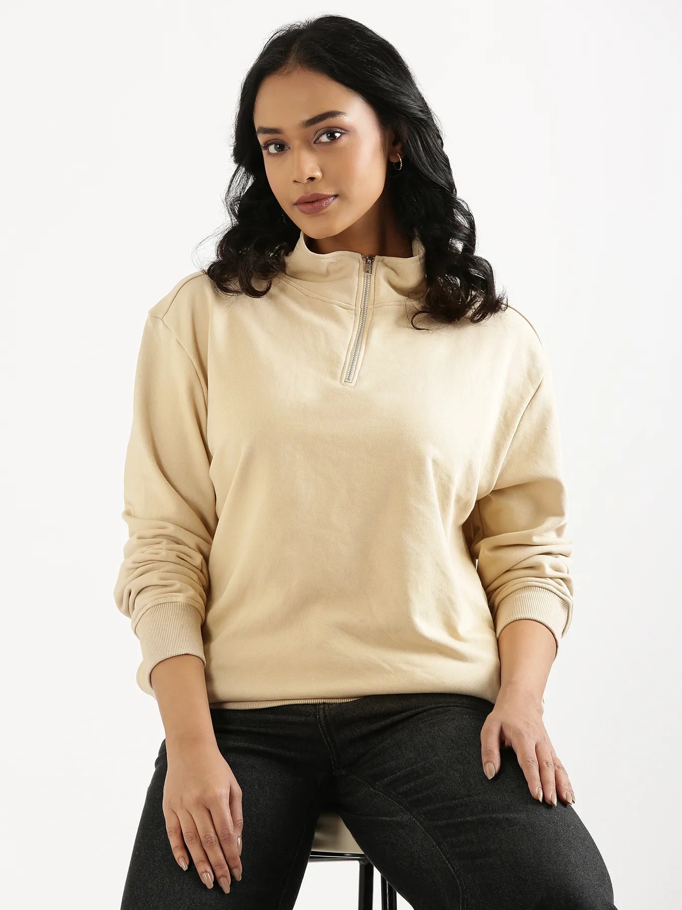 Unisex Beige Zip Neck Sweatshirt