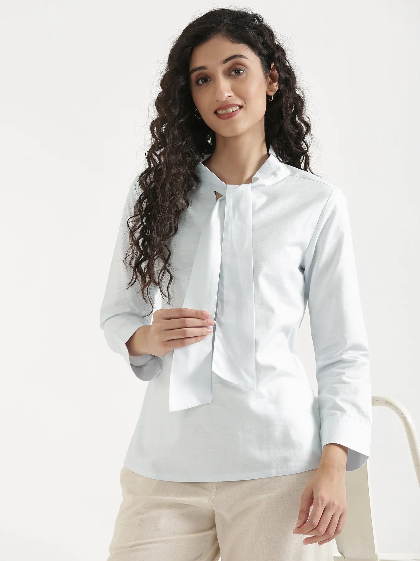 Women Powder Blue Linen Blend Knot Blouse