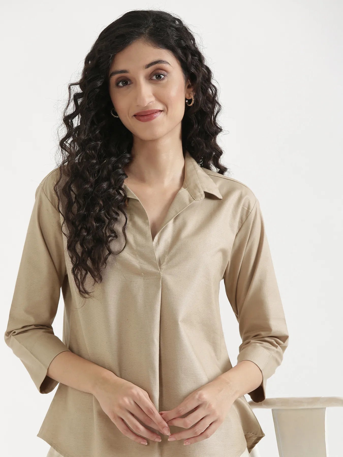 Women Taupe Linen Blend Pleated Top