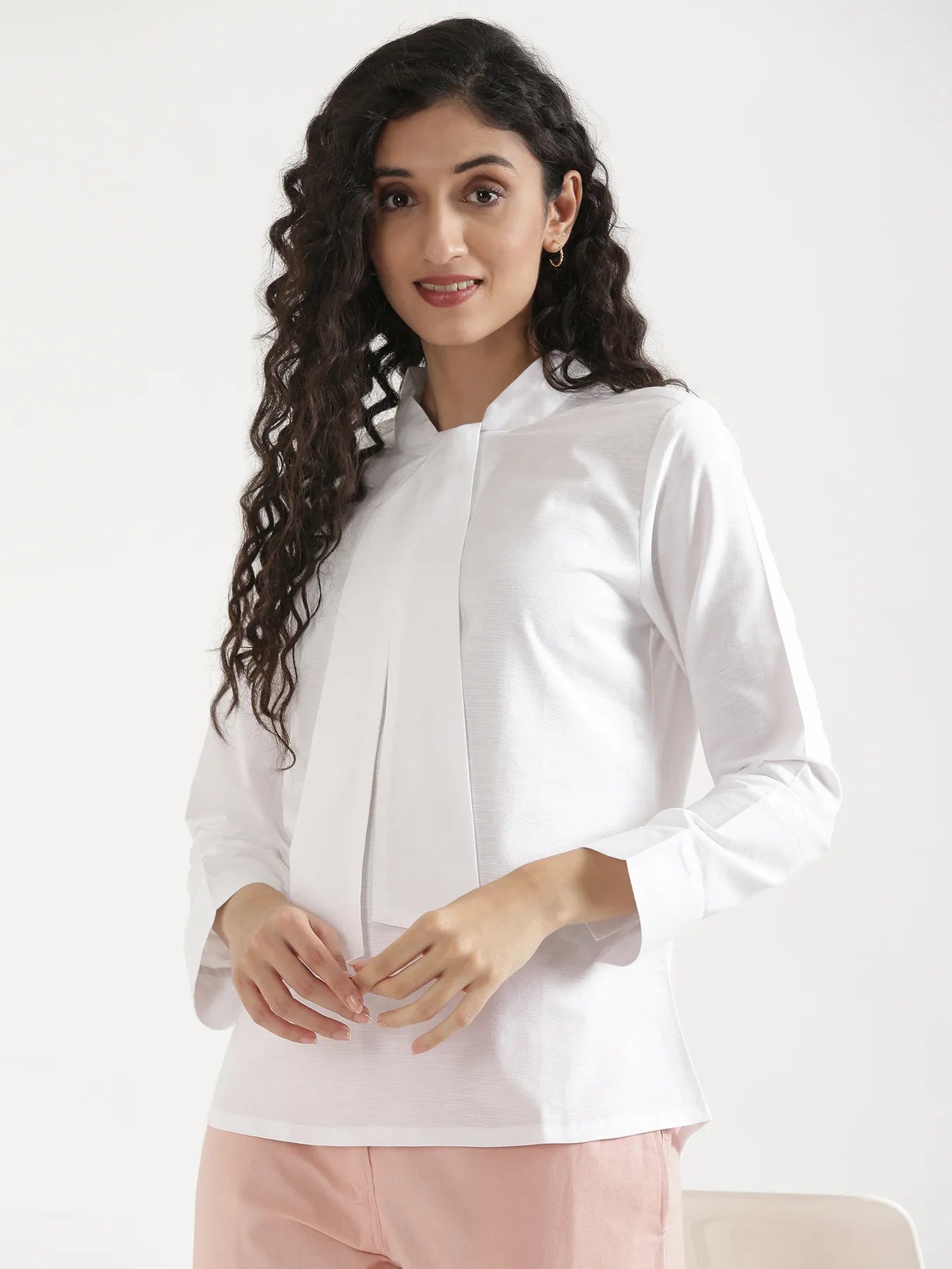 Women White Linen Blend Knot Blouse