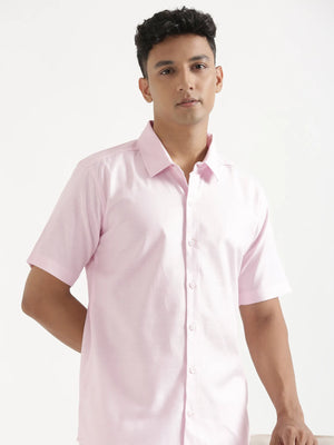 Men Blush Pink Linen Blend Short Sleeve Shirt