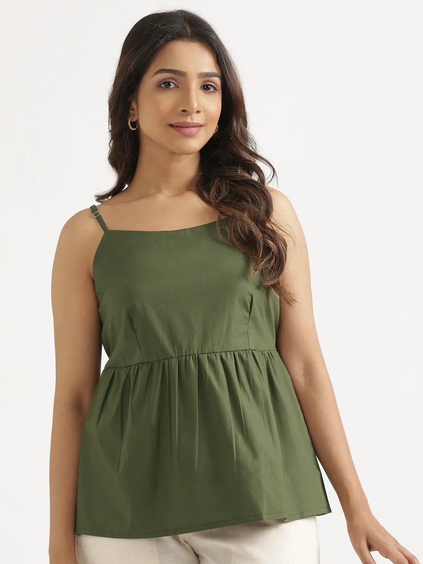 Women Forest Green Better Cotton Peplum Top & Ecru Airy Linen Straight Pant