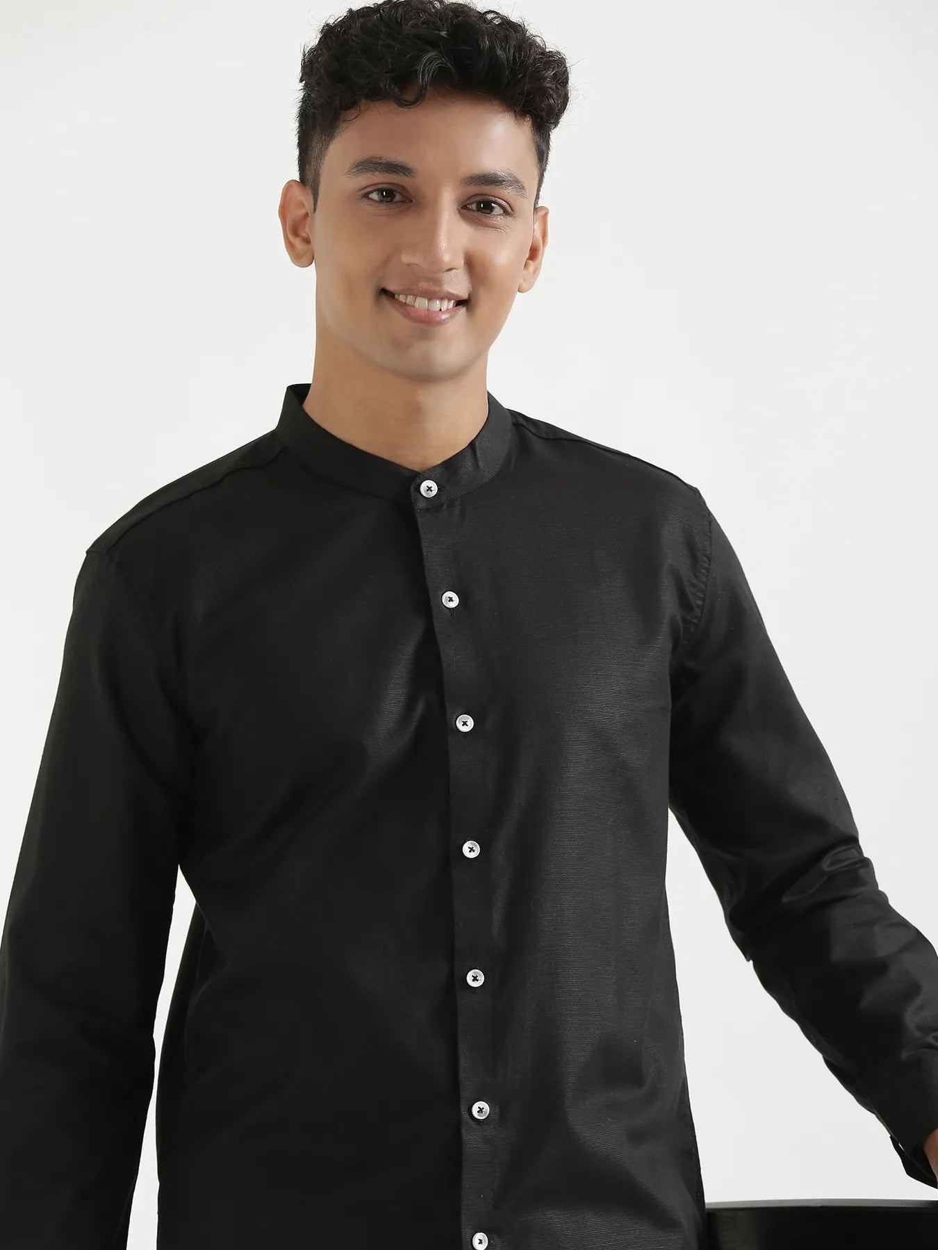 Men Black Linen Blend Mandarin Collar Shirt