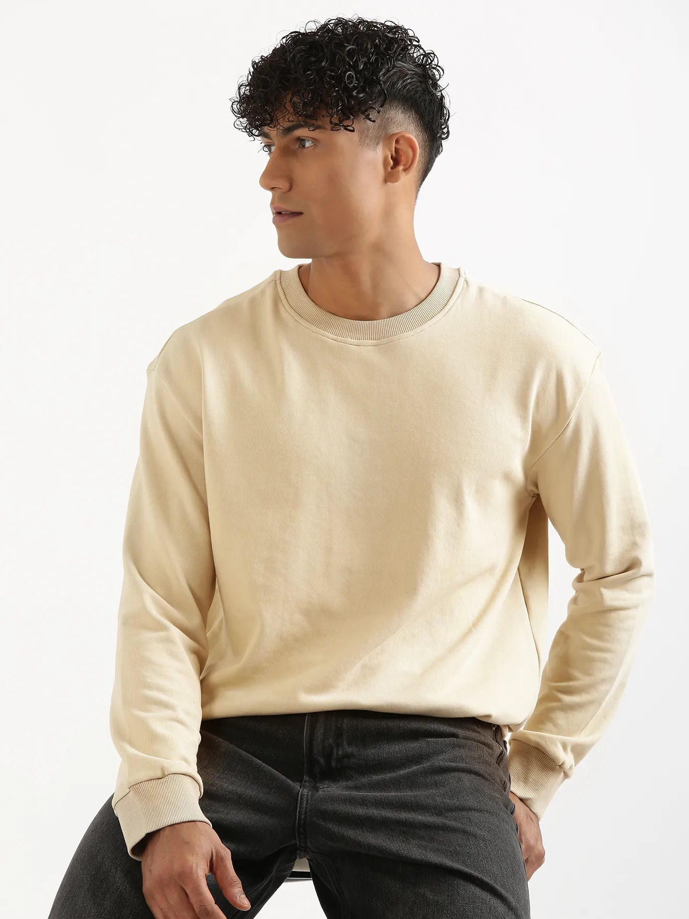 Unisex Beige Round Neck Sweatshirt