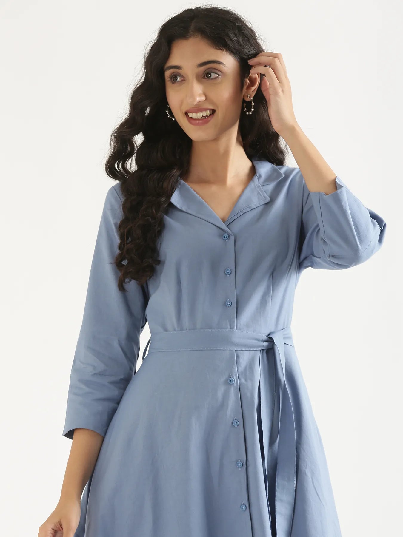 Women English Blue Airy Linen Flared Dress