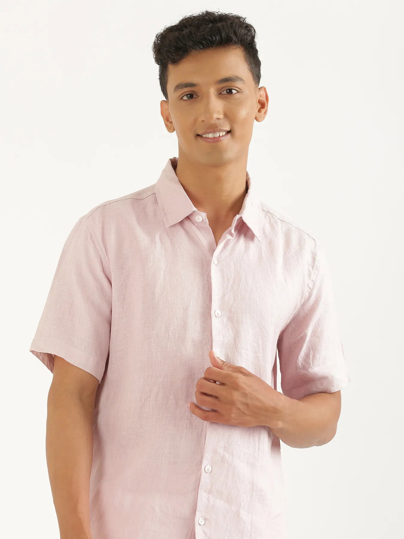 Men Light Pink Pure Linen Short Sleeve Shirt