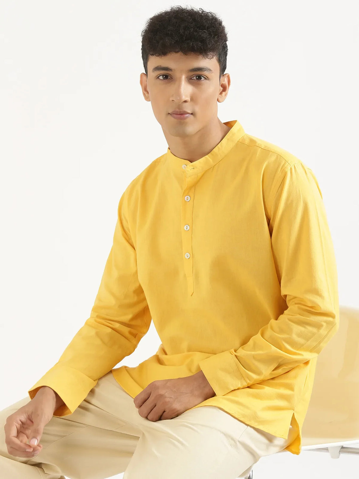 Pick Any 3 Men Airy Linen Short Kurta - Yellow