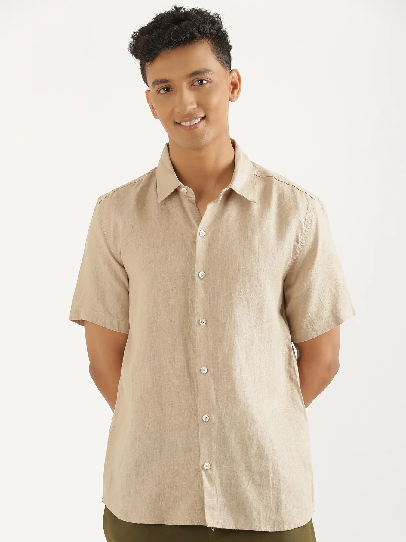 Men Taupe Pure Linen Short Sleeve Shirt