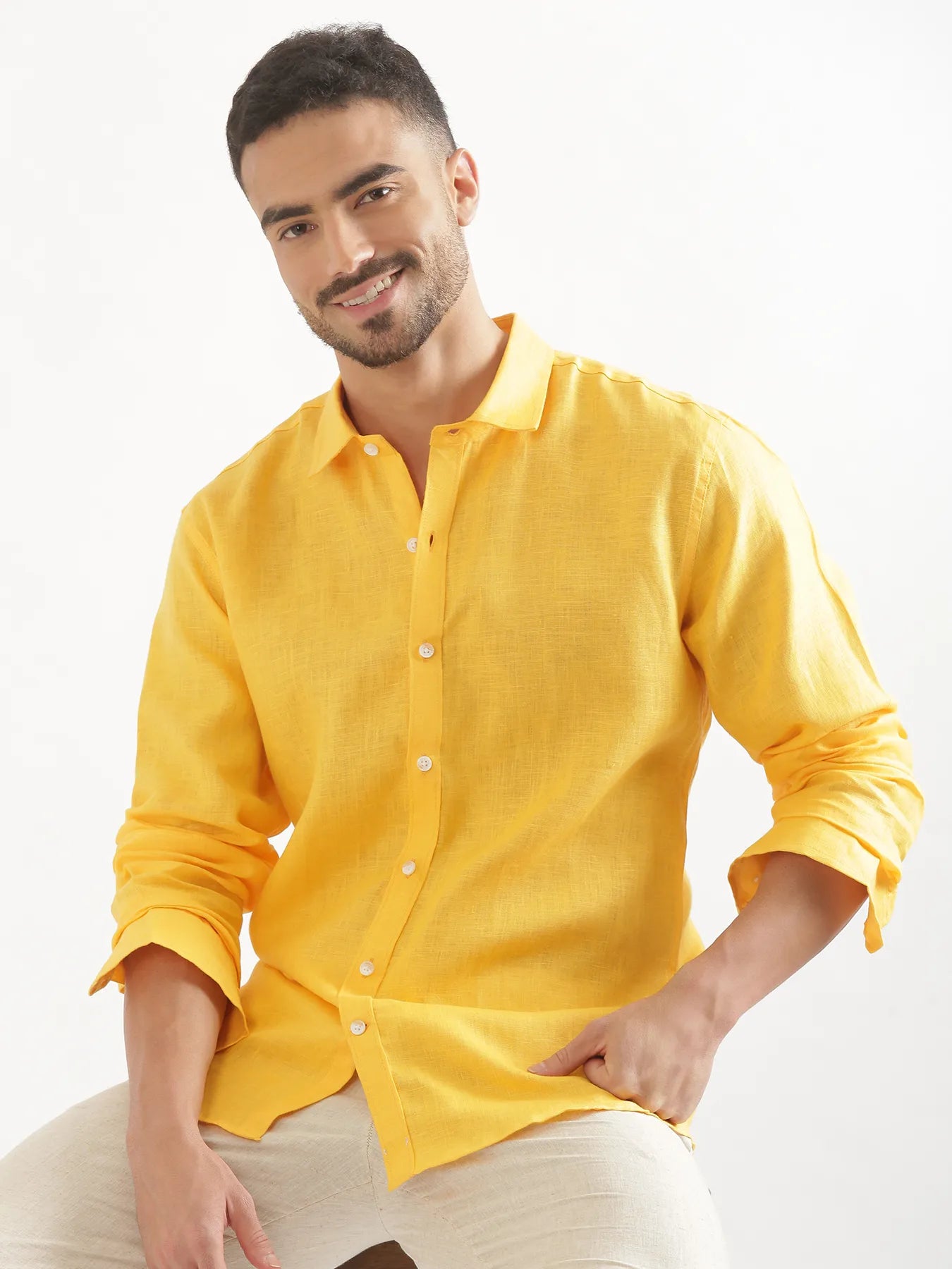 Men Mango Yellow 100% Linen Shirt
