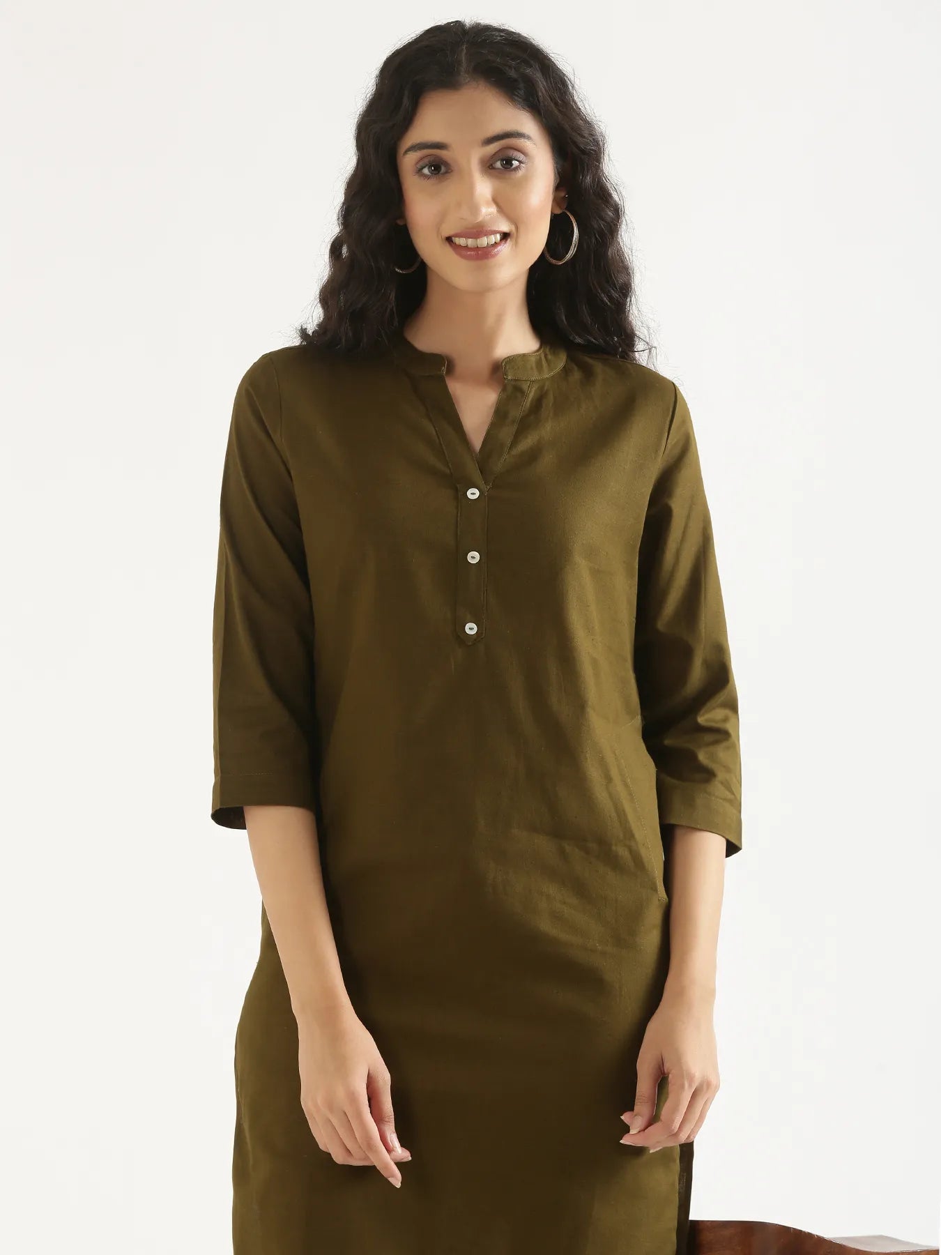 Women Olive Green Airy Linen Long Kurta