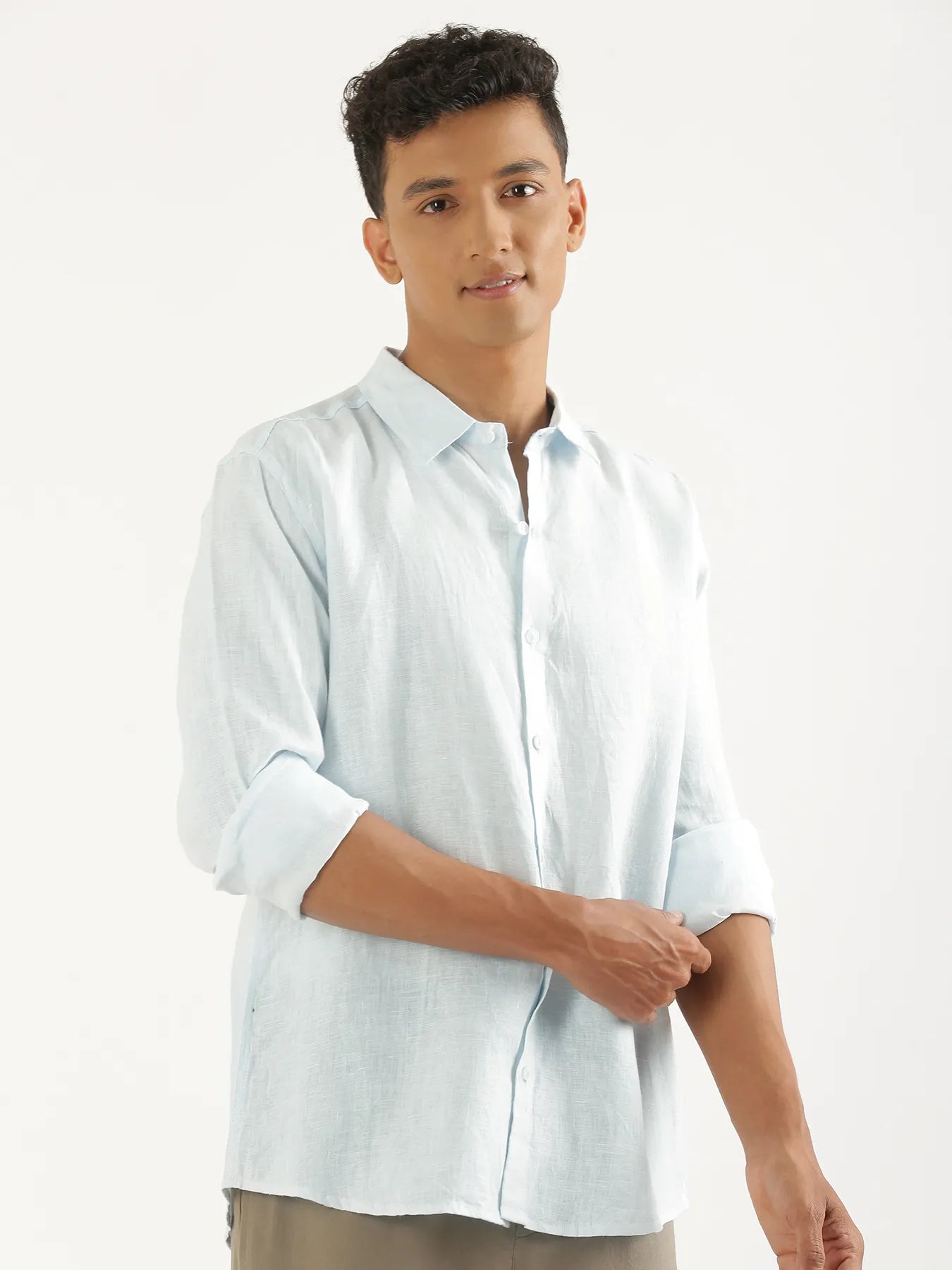 Men Light Blue Pure Linen Full Sleeve Shirt - Main Image