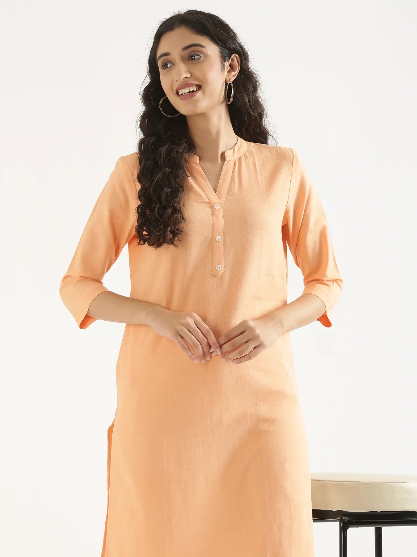 Women Peach Airy Linen Long Kurta