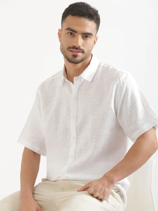 Men White 100% Linen Half Sleeve Shirt