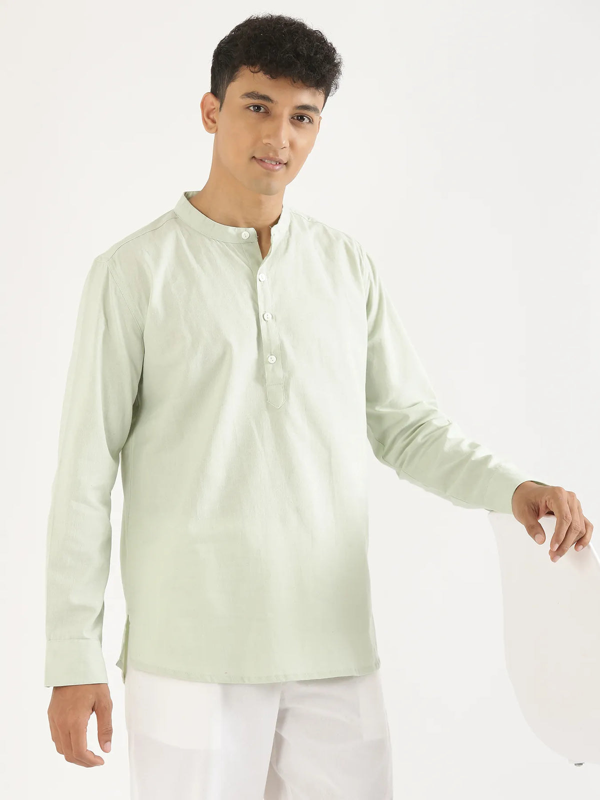 Pick Any 3 Men Airy Linen Short Kurta - Mint Green