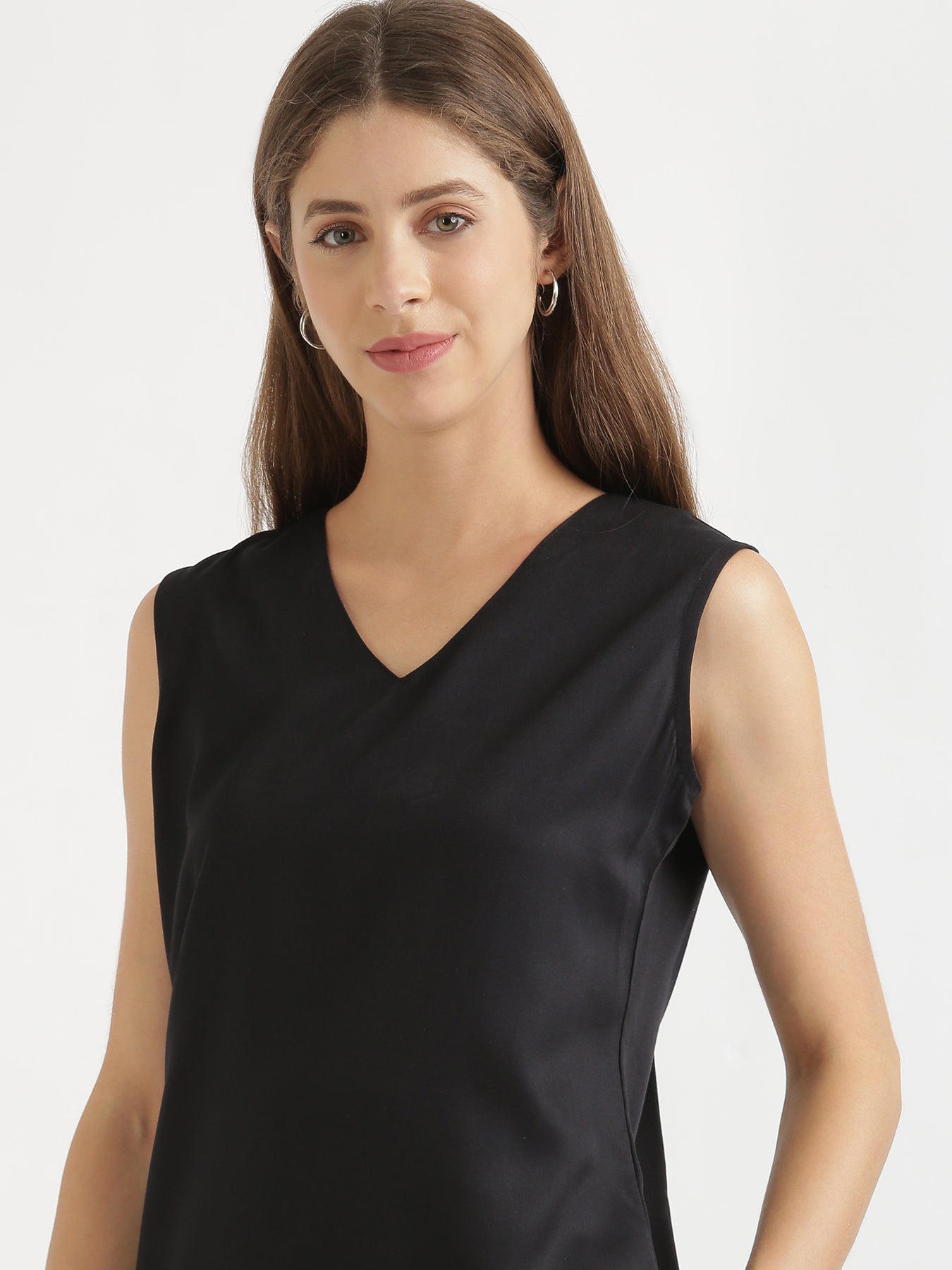 Black V-Neck Sleeveless Top with Coffee Brown Cotton Pant