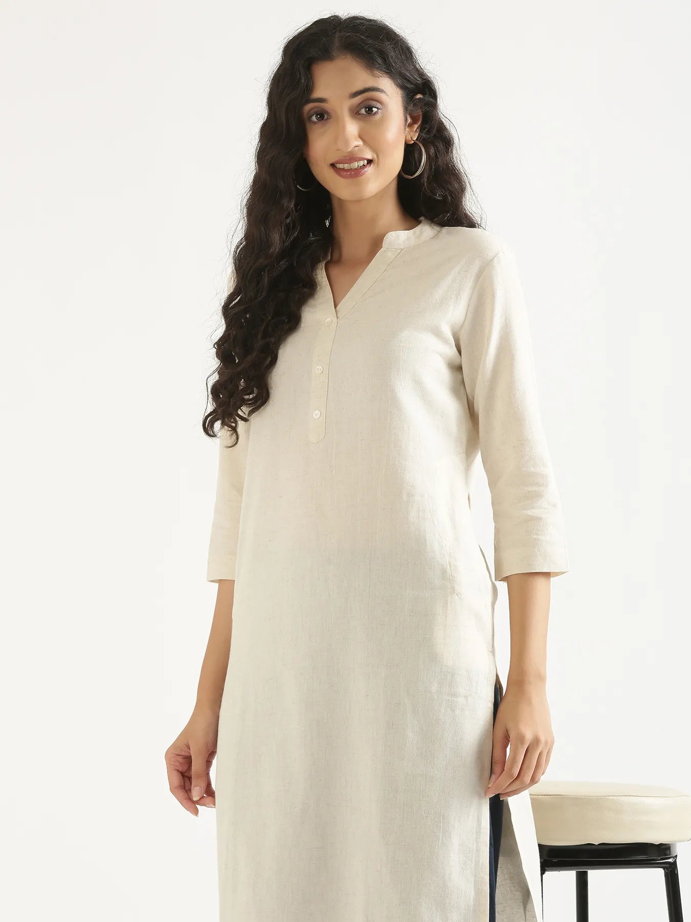 Women Ecru Airy Linen Long Kurta