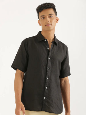 Men Black Pure Linen Short Sleeve Shirt