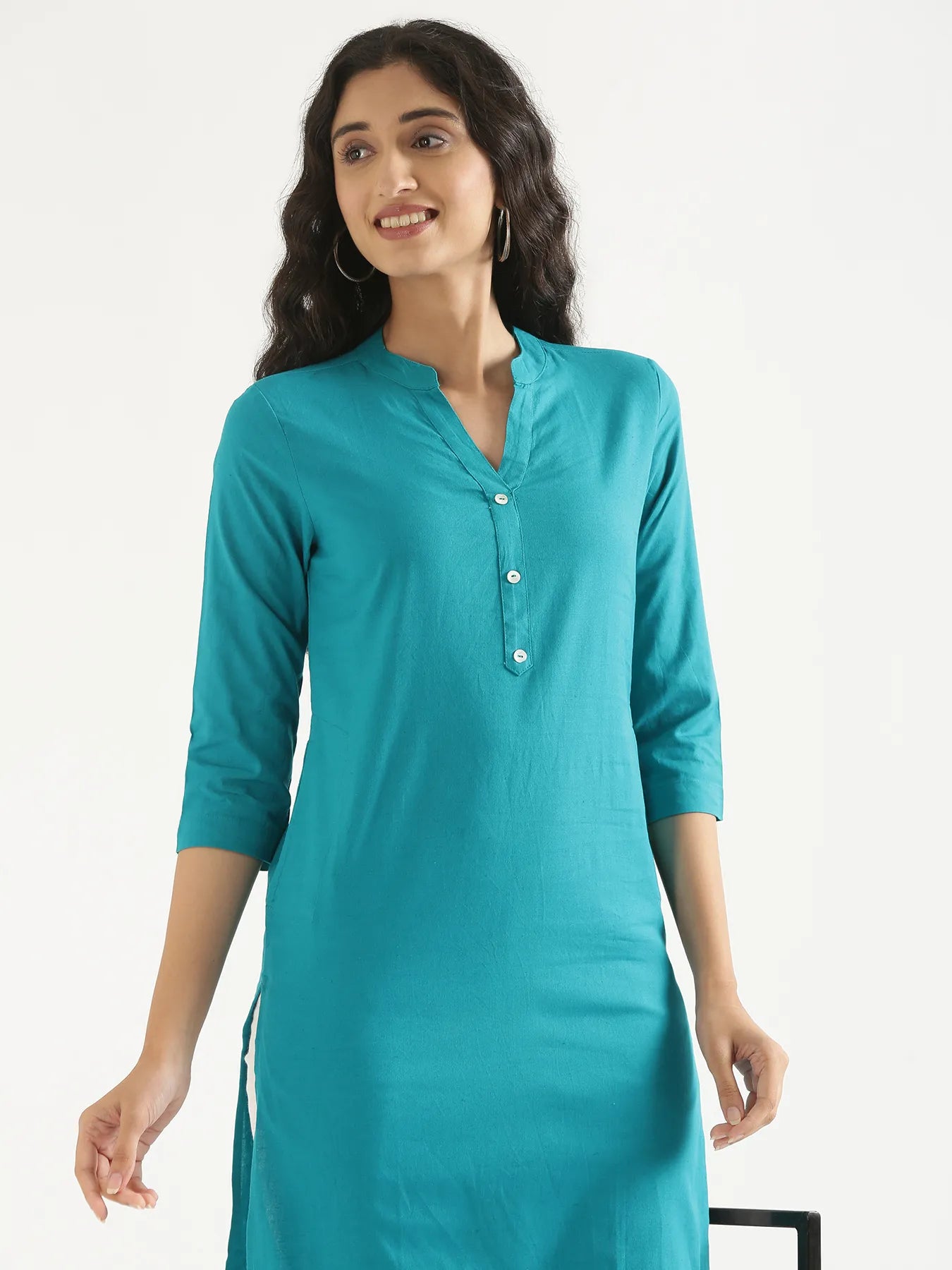 Women Teal Airy Linen Long Kurta