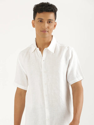 Men White Pure Linen Short Sleeve Shirt