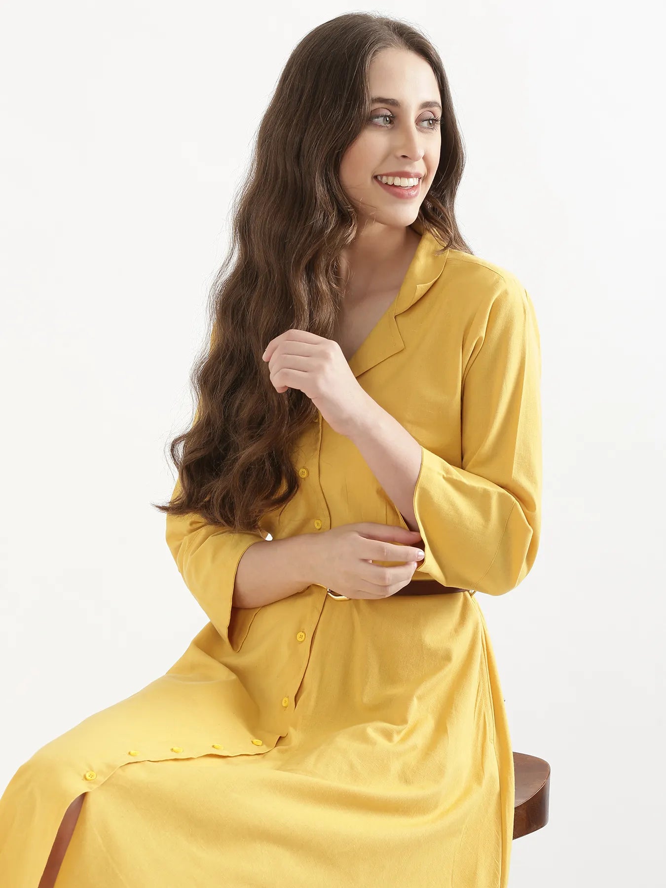 Women Yellow Airy Linen Flared Dress