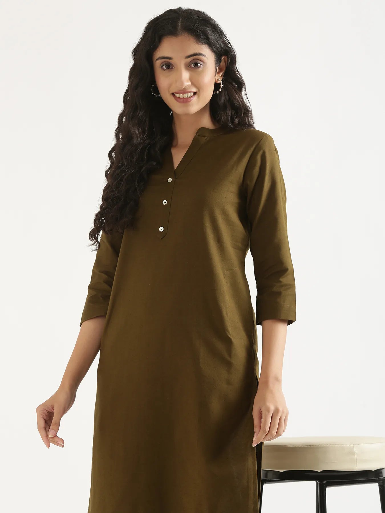 Women Olive Green Airy Linen Long Kurta & Cement Grey Cotton Pant Set