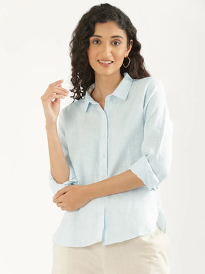 Women Light Blue Pure Linen Shirt