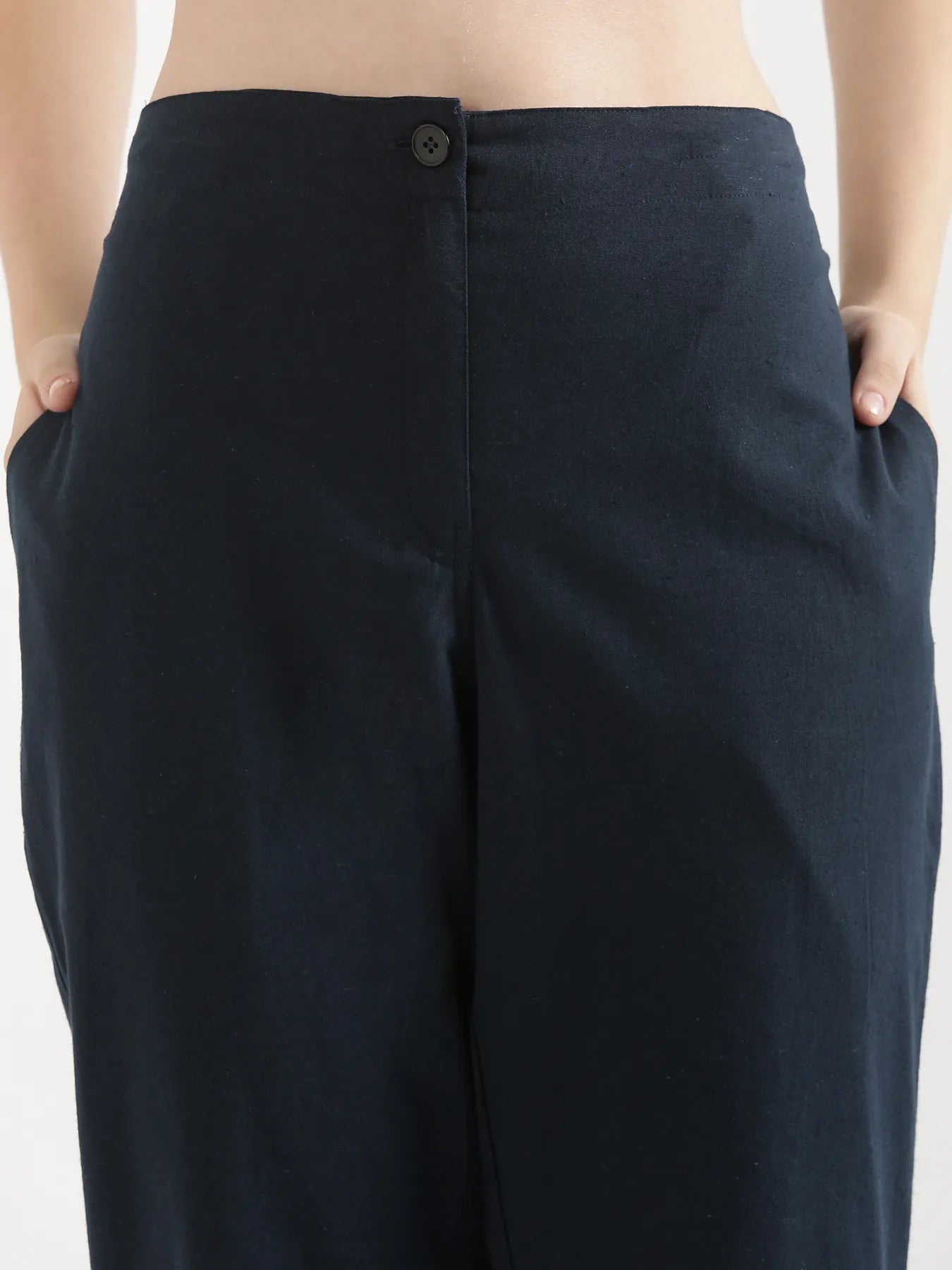 Women Navy Blue Airy Linen Straight Pants