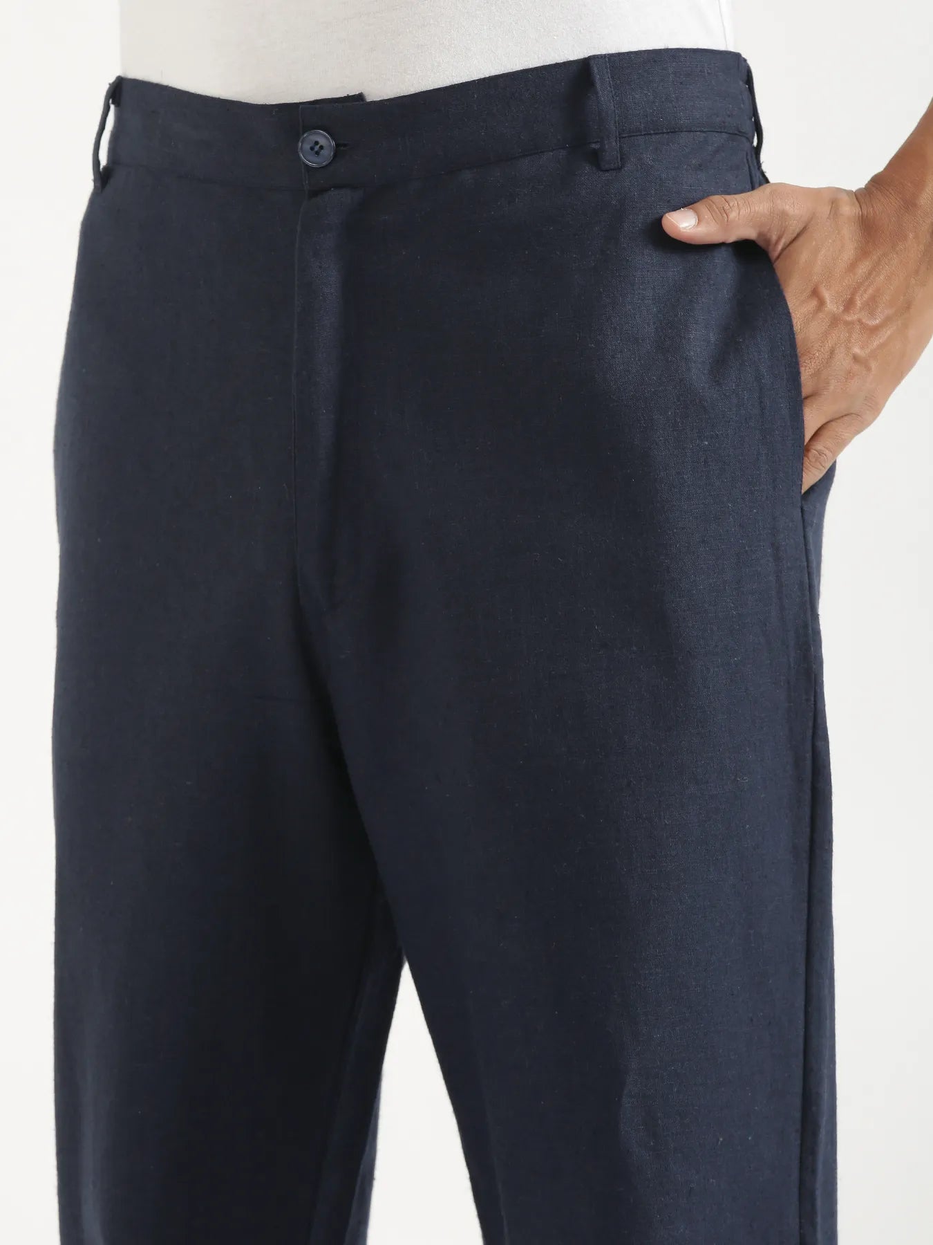 Men Navy Blue Linen Blend Straight Pant