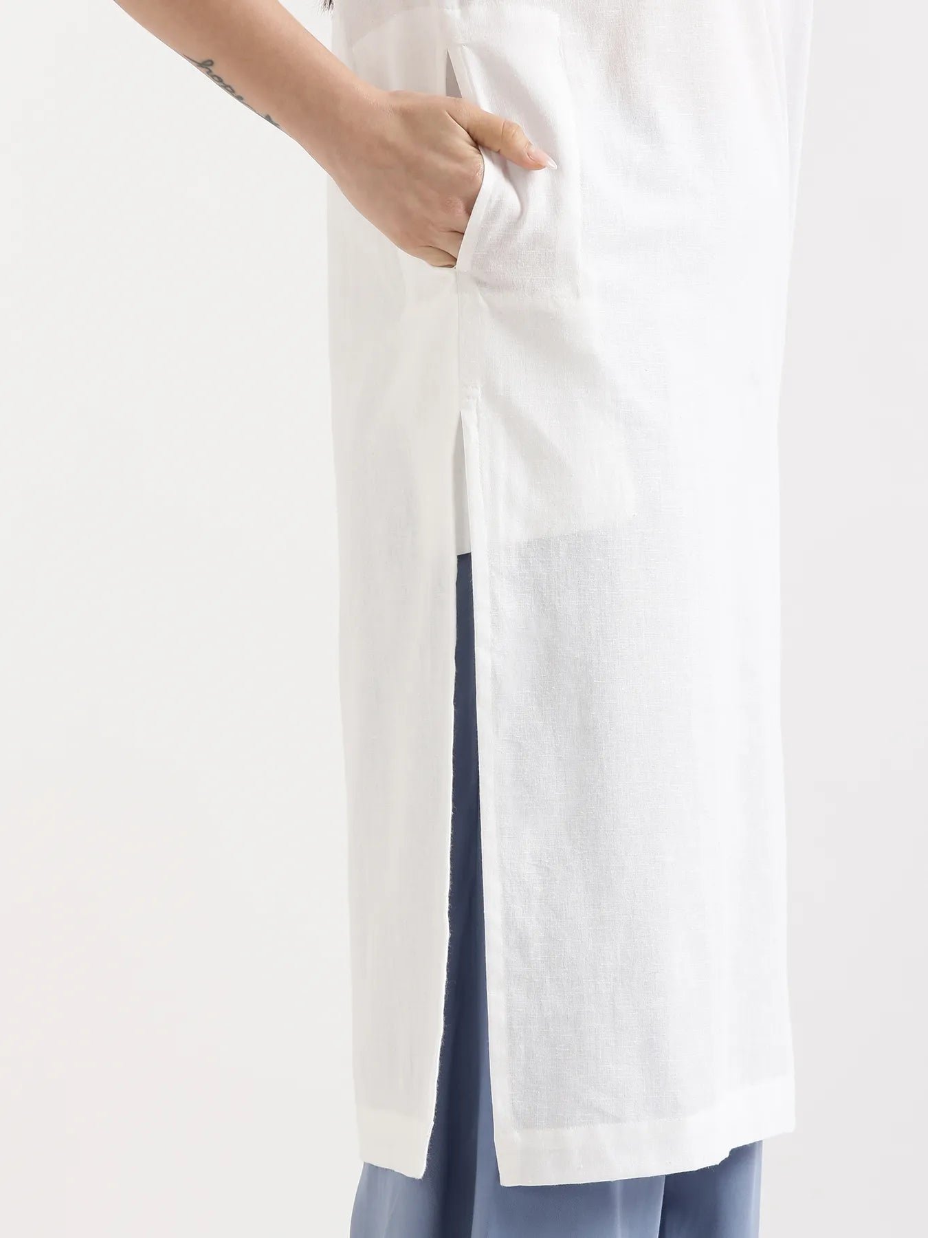 Women White Airy Linen Long Kurta & English Blue Viscose Palazzo Pant Set