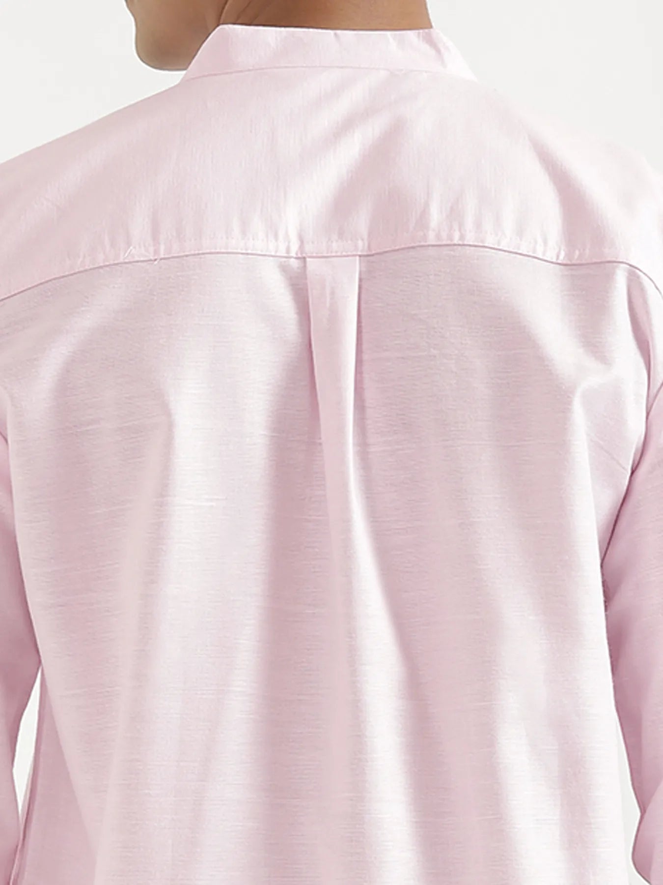 Men Blush Pink Linen Blend Mandarin Collar Shirt & White Cotton Pant Set