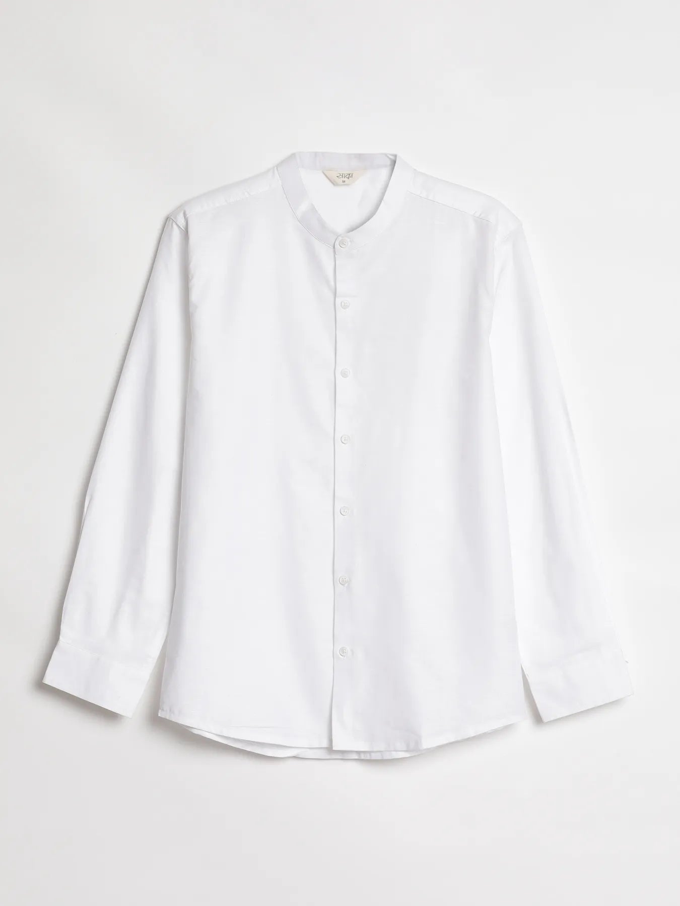 Men White Linen Blend Mandarin Collar Shirt