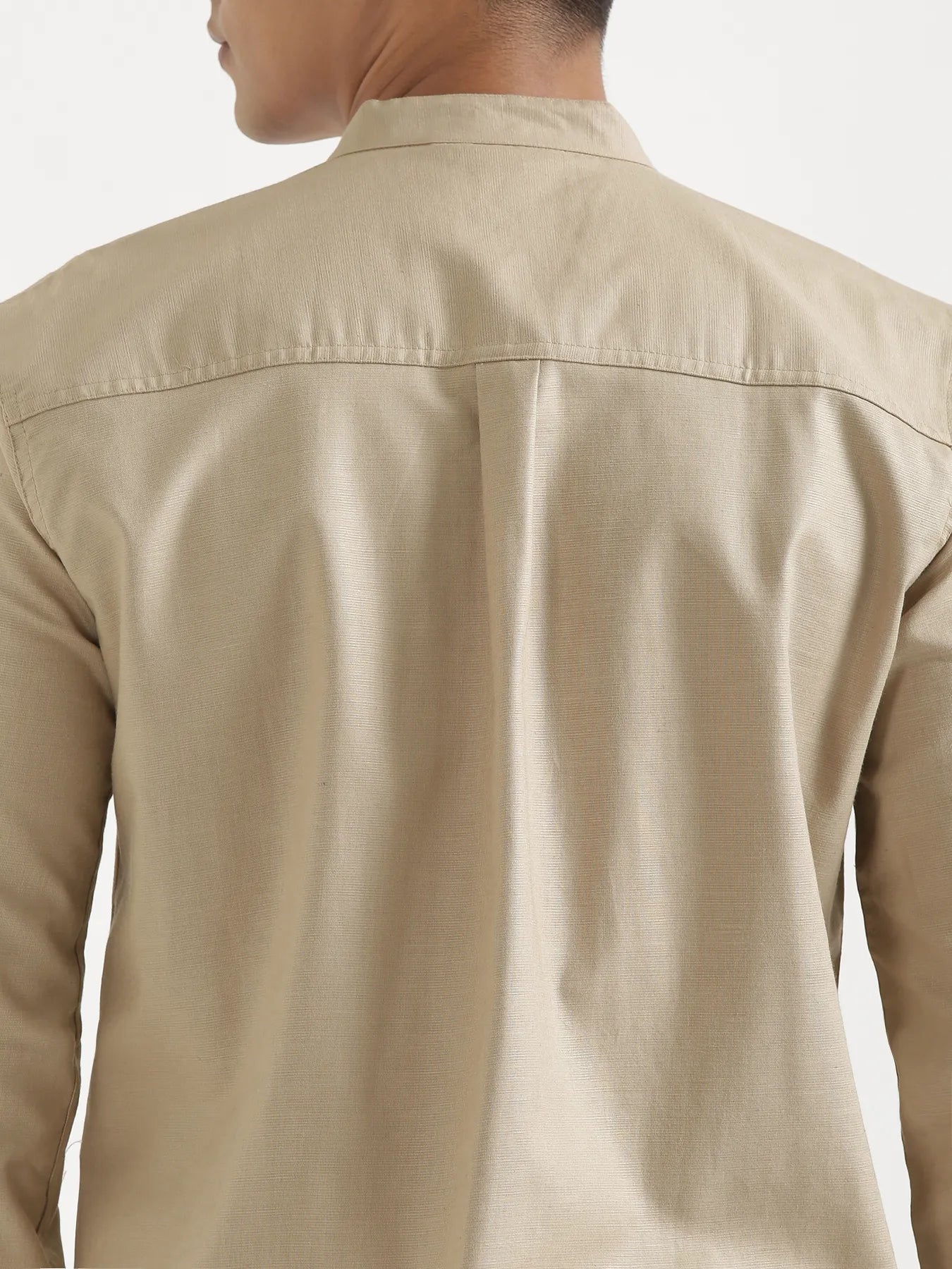Men Taupe Linen Blend Mandarin Collar Shirt