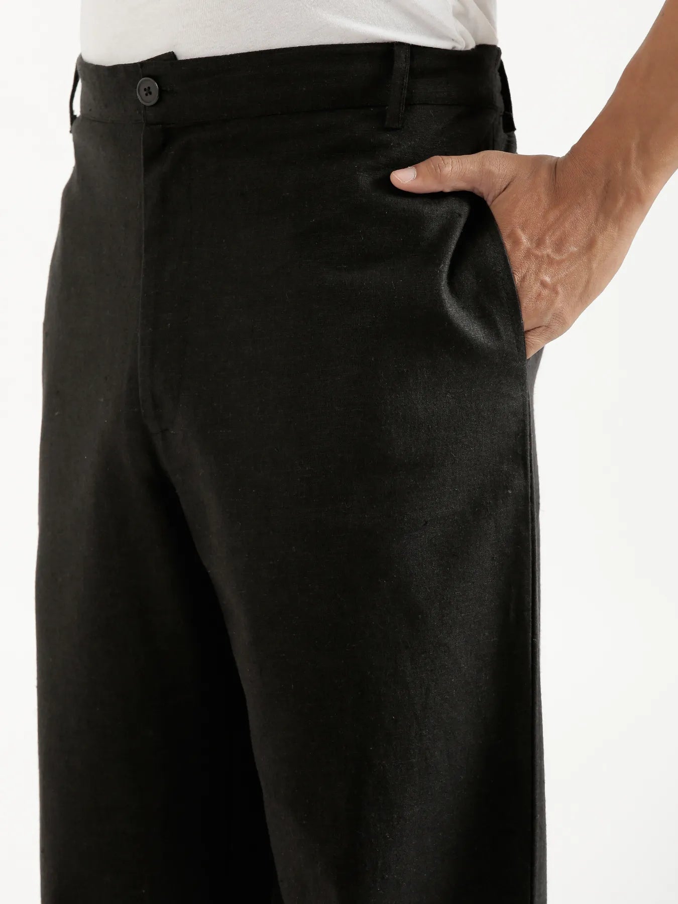 Men Black Linen Blend Straight Pant