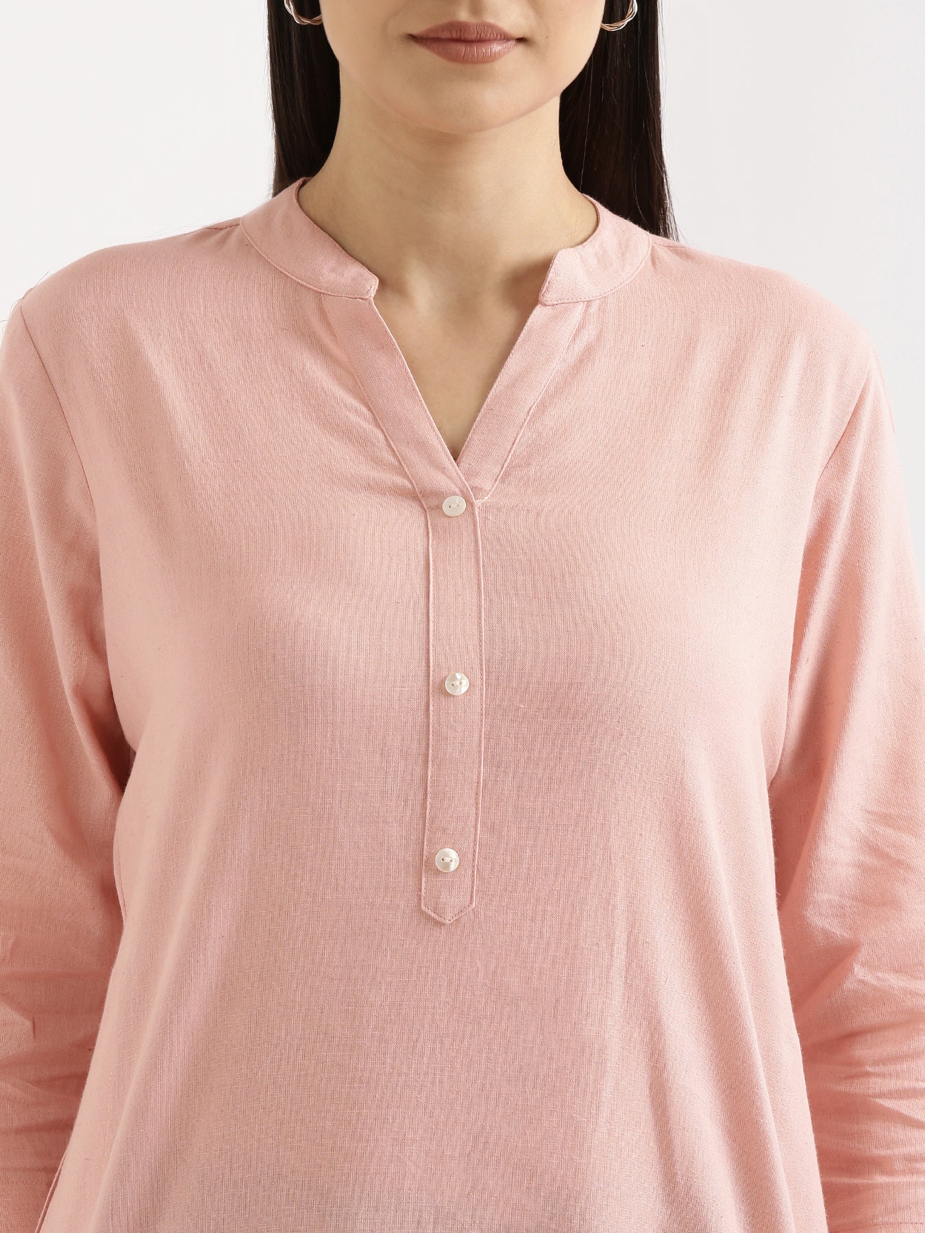 Women Salmon Pink Airy Linen Long Kurta & Wine Cotton Pant Set