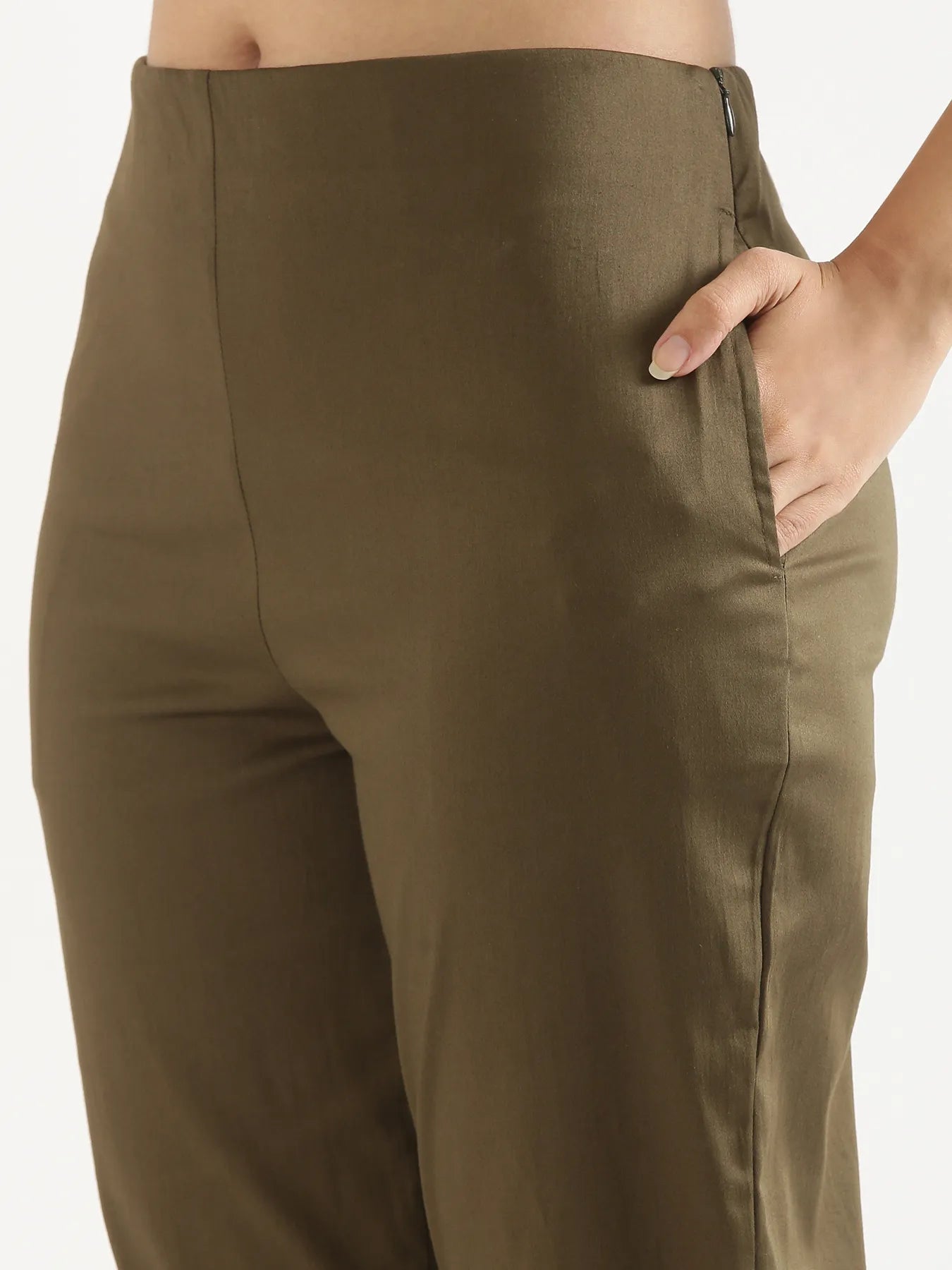 Women Plus Size Olive Green Straight Fit Formal Pants