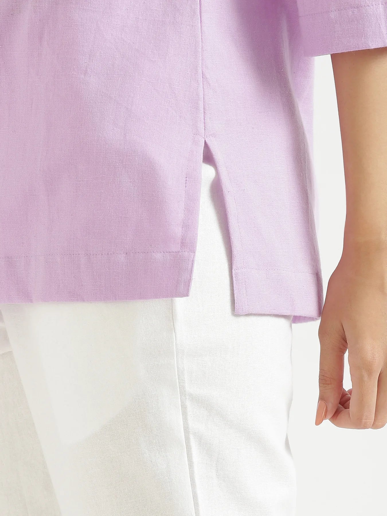 Women Lilac Airy Linen Short Kurta & White Cotton Pant Set