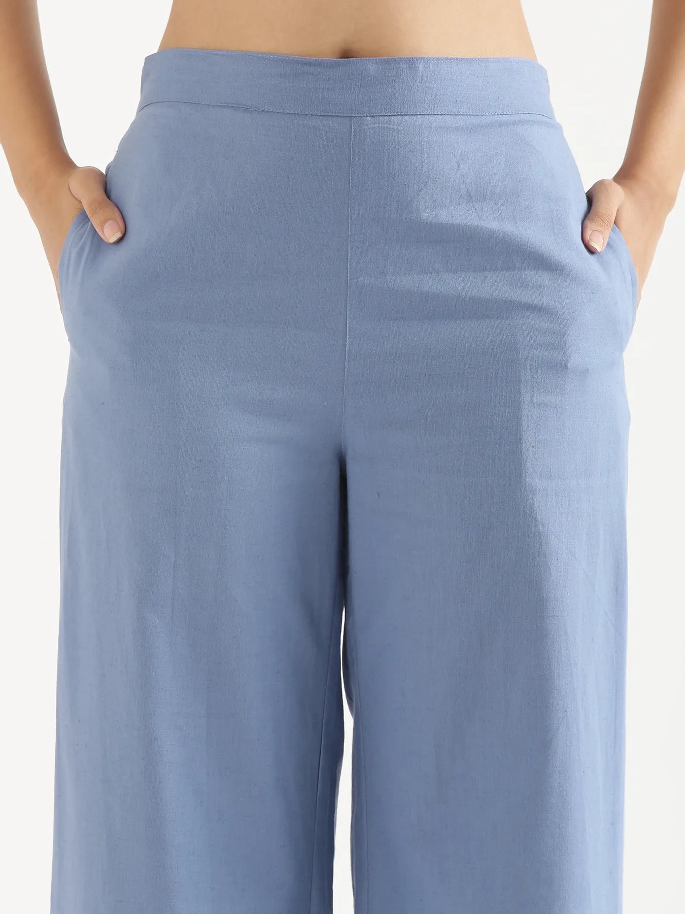 Women English Blue Airy Linen Wide Leg Pant