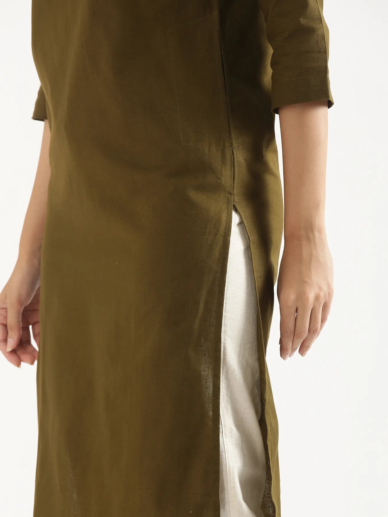Women Olive Green Airy Linen Long Kurta
