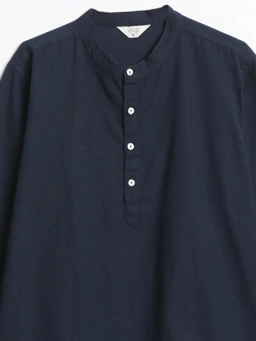 Men Navy Blue Airy Linen Short Kurta