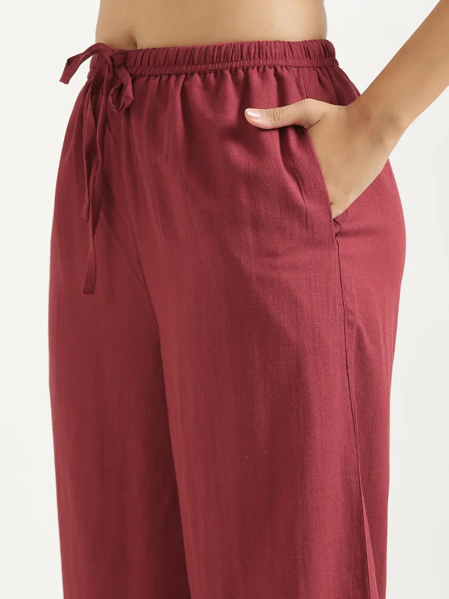 Women Maroon Flowy Linen Pant Set