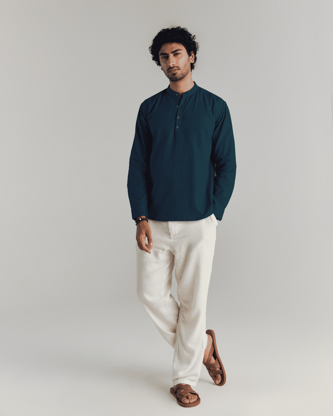 Men Navy Blue Airy Linen Short Kurta