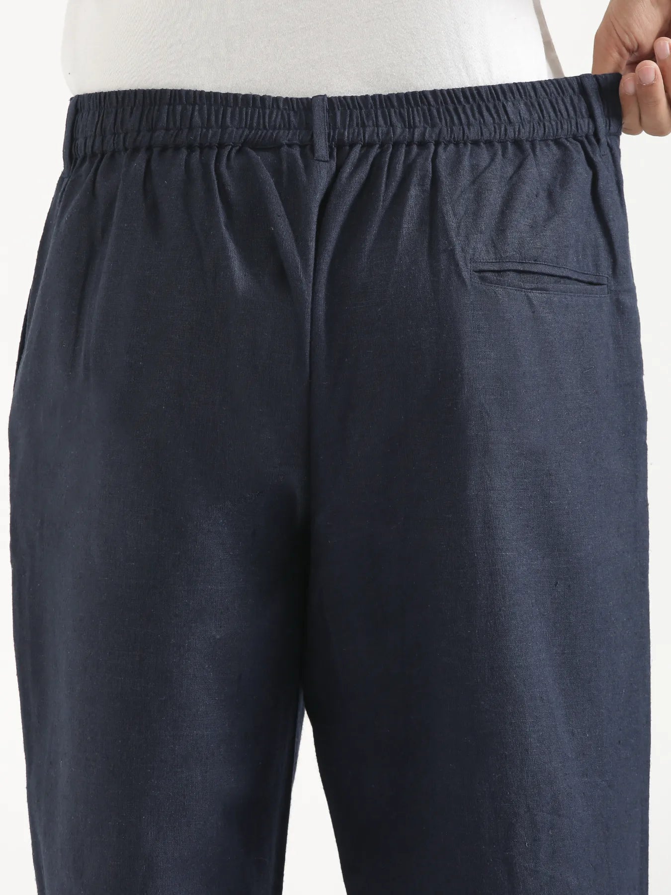 Men Navy Blue Linen Blend Straight Pant