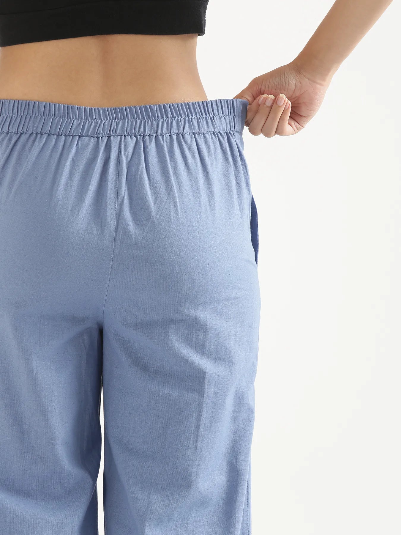 Women English Blue Airy Linen Wide Leg Pant