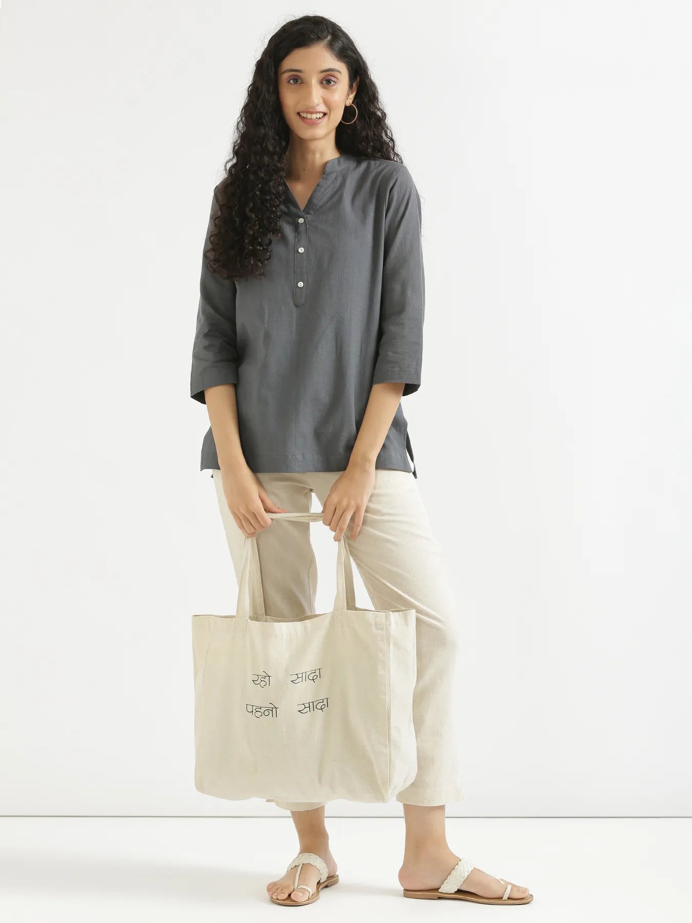Women Slate Grey Airy Linen Short Kurta