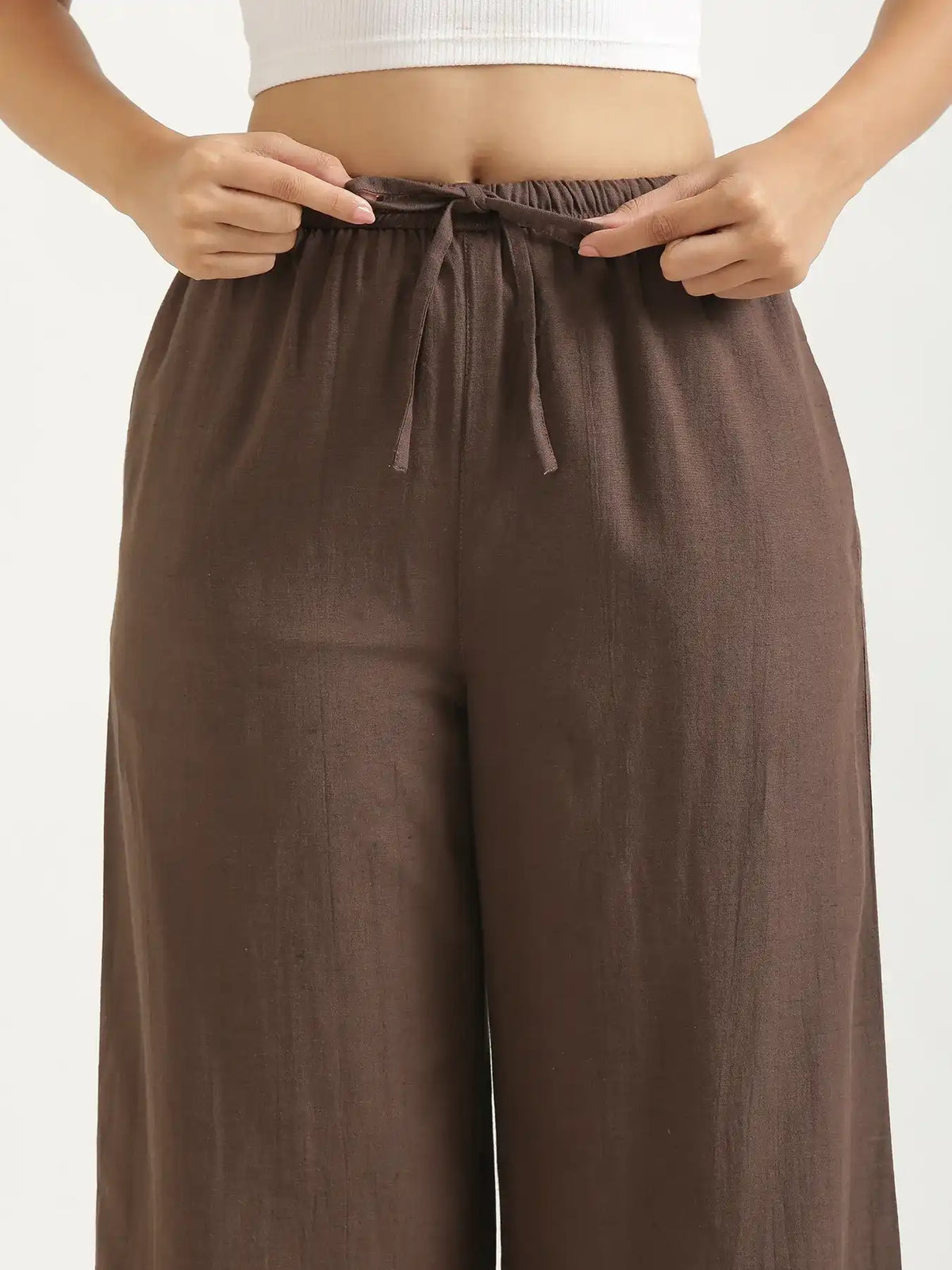 Women Dark Brown Flowy Linen Wide Leg Pants