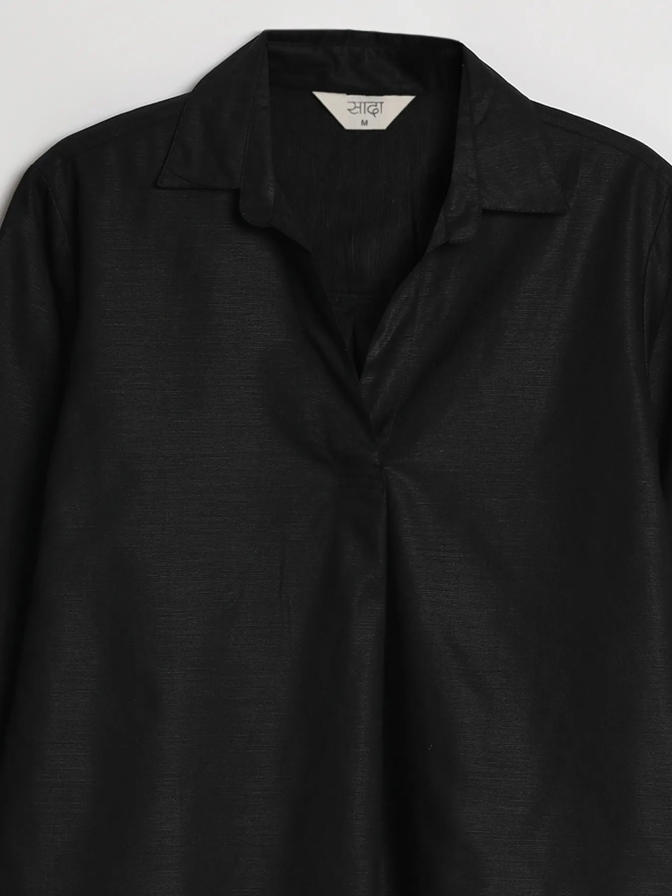 Women Black Linen Blend Pleated Top