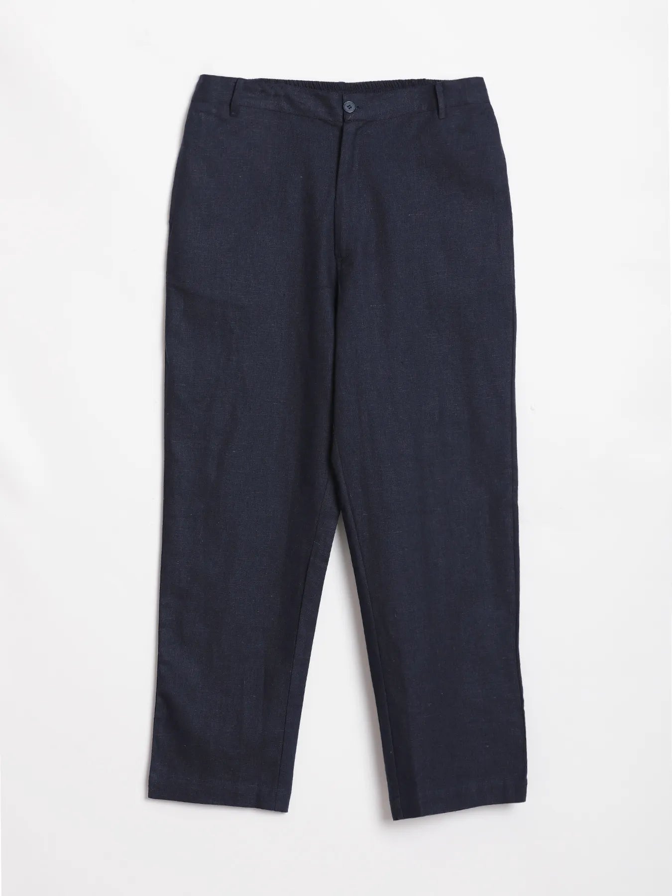 Men Navy Blue Linen Blend Straight Pant